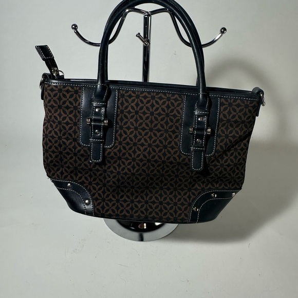 Sophisticated Black and Brown Tote with Monogram Pattern - Picture 1 of 5
